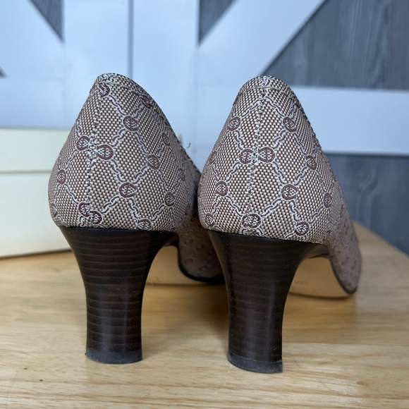 S20. Etienne Aigner Kiltie Fabric Leather Sole High Heel Pumps Brown/Cream 6m - Picture 5 of 7